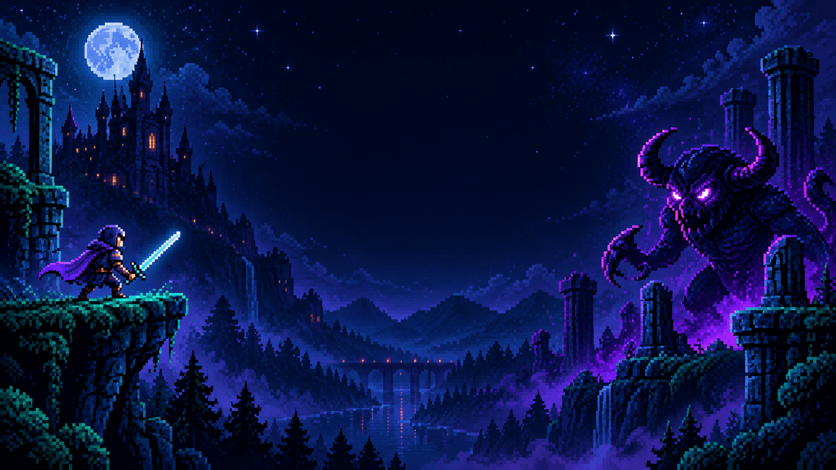 Pixel-art fantasy night scene — an armored adventurer with a glowing sword faces a horned monster across a moonlit castle ruin