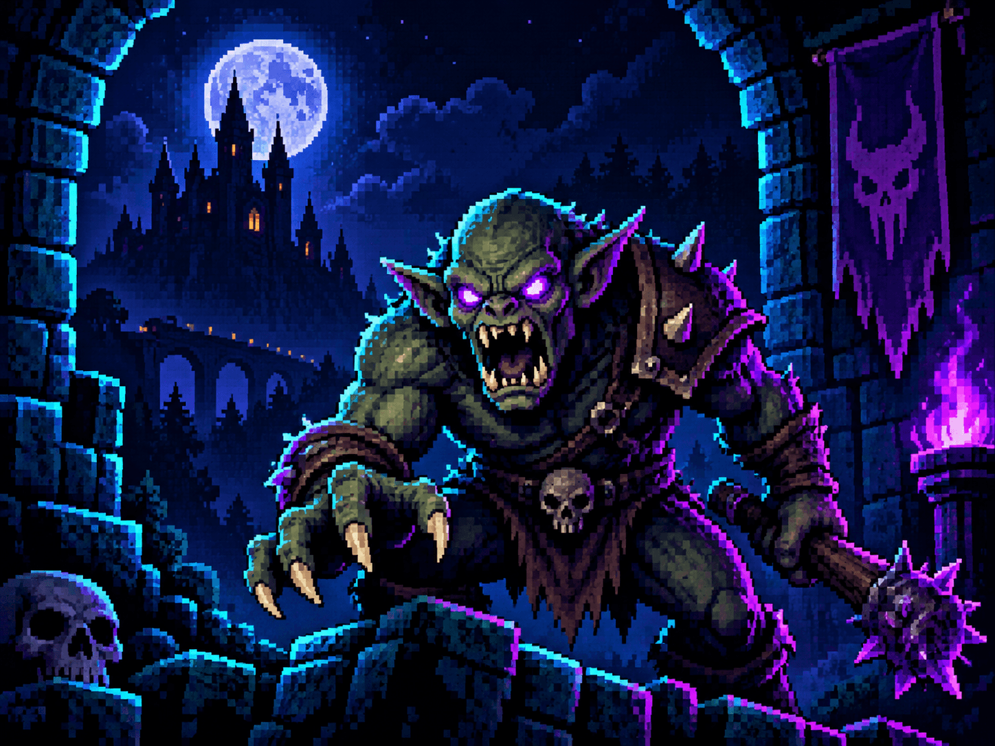 Pixel-art green orc with glowing eyes and a spiked mace lunging through a stone archway