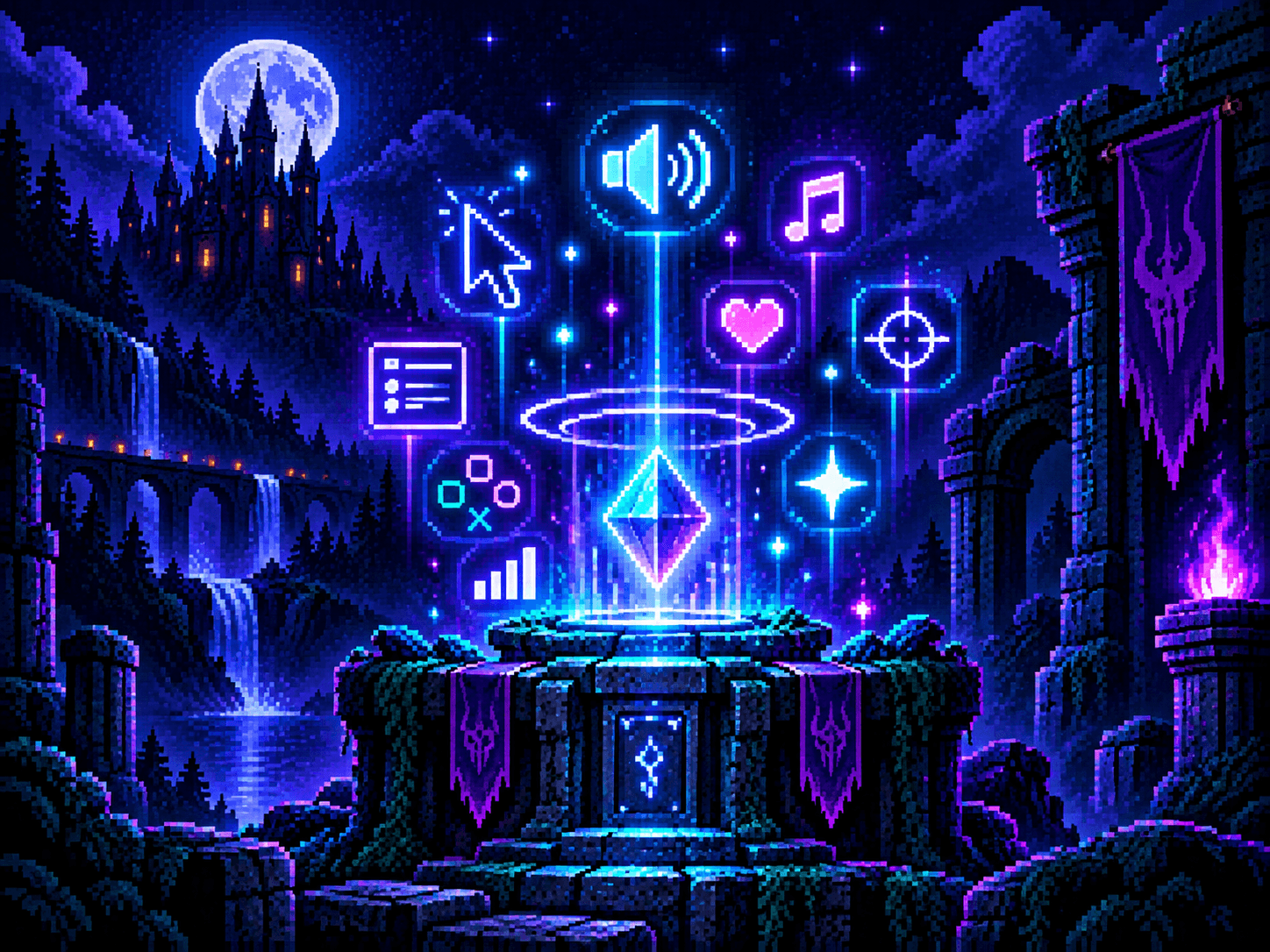 Pixel-art fantasy shrine projecting glowing UI icons — speaker, music note, cursor, heart, menu and sparkle — above a moonlit ruin